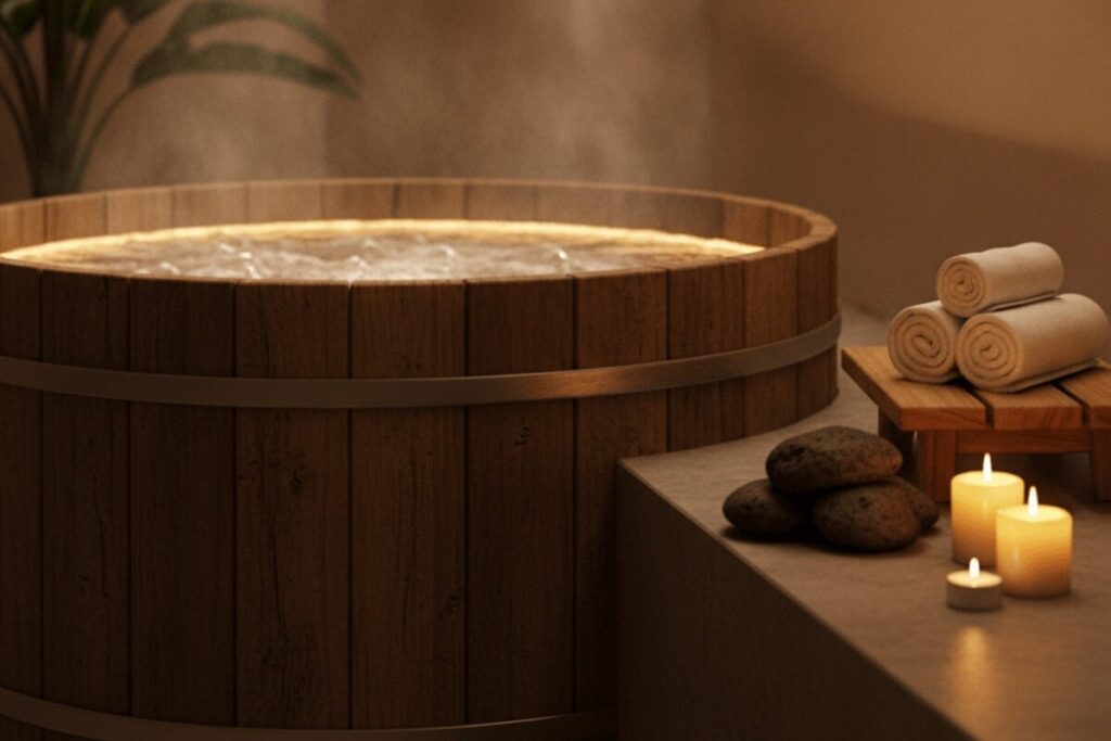 Espace spa privatif avec bain à remous en bois pour un séjour romantique en couple